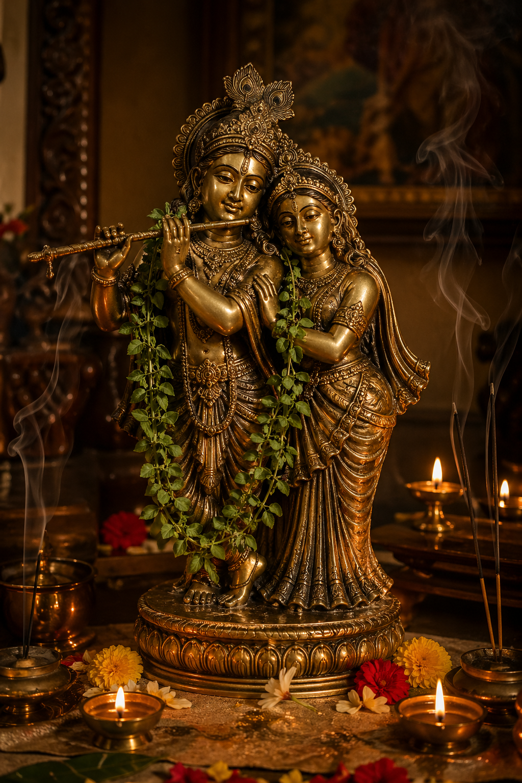 Antique brass Radha Krishna murti in home puja room with lit diyas and incense smoke